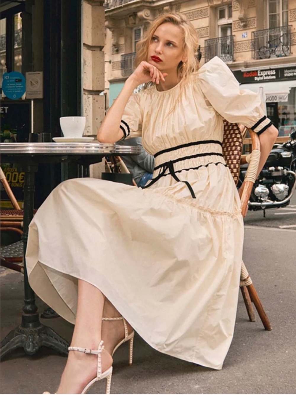 Cream Puff-Sleeve Midi Dress with Black Trim